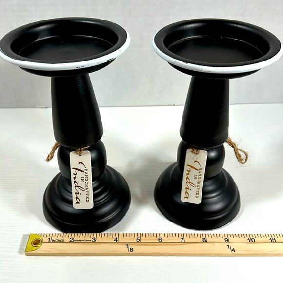 Candle Holders Set Of 2  Black Handcrafted Galvanized White Trim Home Décor‎ - Picture 3 of 5